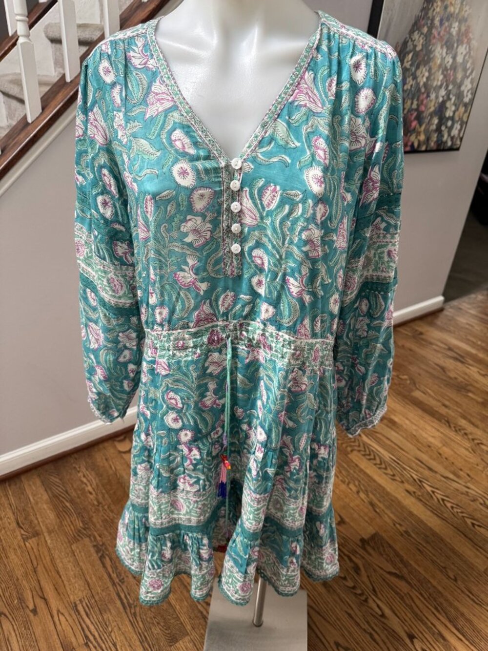 Bell by Alicia Bell Cotton Silk Floral Print Ruffle Dress Teal Large
